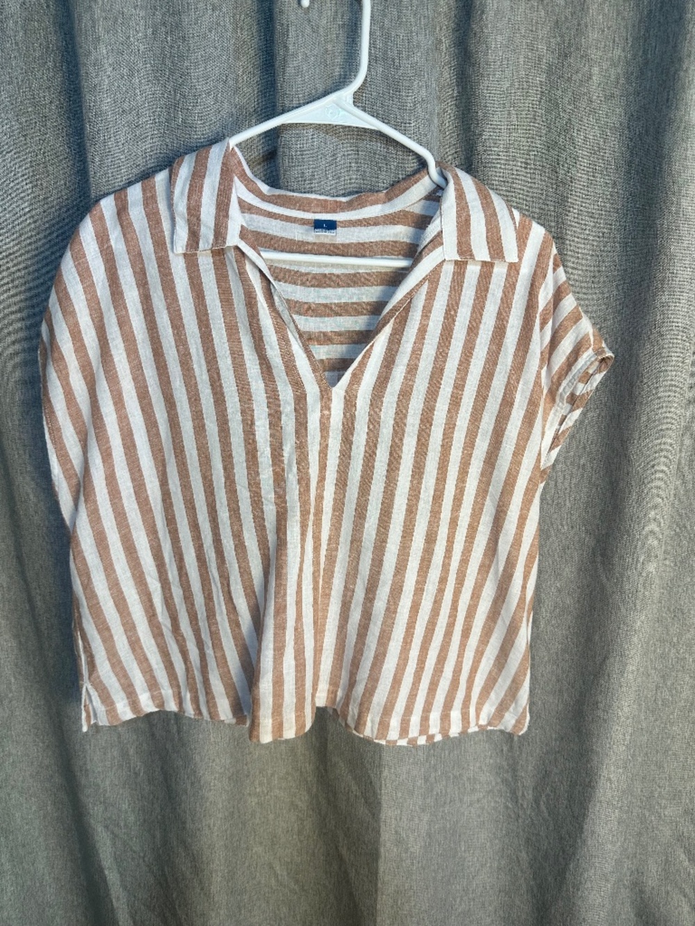 OLD NAVY Tan Striped Linen-Blend Cropped Popover Blouse Top - Size L